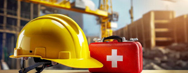 Gelber Schutzhelm und Erste-Hilfe-Tasche auf einer Baustelle Gelber Schutzhelm und Erste-Hilfe-Tasche auf einer Baustelle