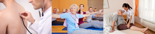 Arzt hört Patienten ab, Seniorin bei Gymnastikübungen, Altenpflegerin mit Senior Arzt hört Patienten ab, Seniorin bei Gymnastikübungen, Altenpflegerin mit Senior