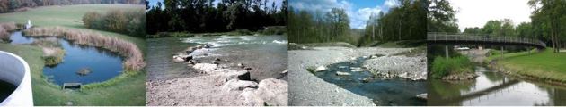 Schönungsteich nach einer Kläranlage, Sohlrampe an der Isar zur Überwindung eines Höhenunterschieds, Ökologischer Gewässerausbau im Anfangsstadium, Flussbett mit Brücke Schönungsteich nach einer Kläranlage, Sohlrampe an der Isar zur Überwindung eines Höhenunterschieds, Ökologischer Gewässerausbau im Anfangsstadium, Flussbett mit Brücke
