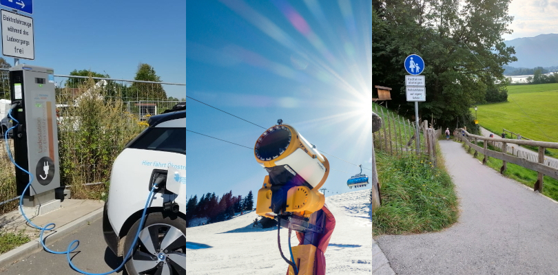E-Auto an der Ladestation; Schneekanone unter einer Seilbahn; abschüssiger Wanderweg E-Auto an der Ladestation; Schneekanone unter einer Seilbahn; abschüssiger Wanderweg