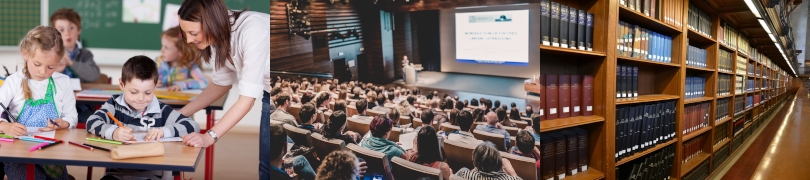 Schüler mit Lehrerin; Studenten im Hörsaal, Bibliothek Schüler mit Lehrerin; Studenten im Hörsaal, Bibliothek
